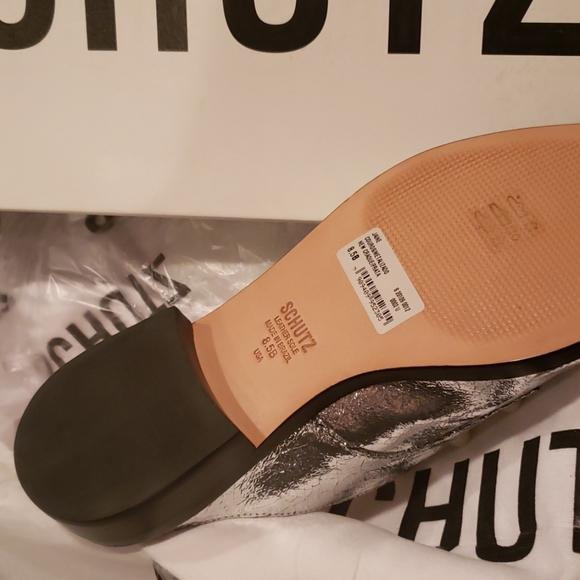 Schutz NEW Pearl Stud ALL- Leather Mules Clogs Slip-On Shoes SILVER Women's🎉HP - Picture 12 of 14